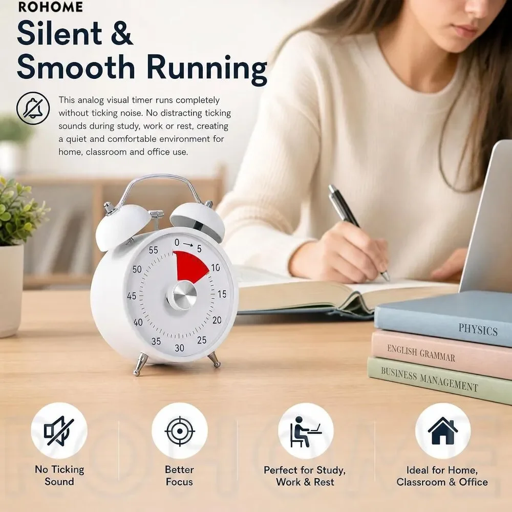 60 Minute Visual Timer Analog Countdown Clock Loud Bell Alarm Blue No Ticking